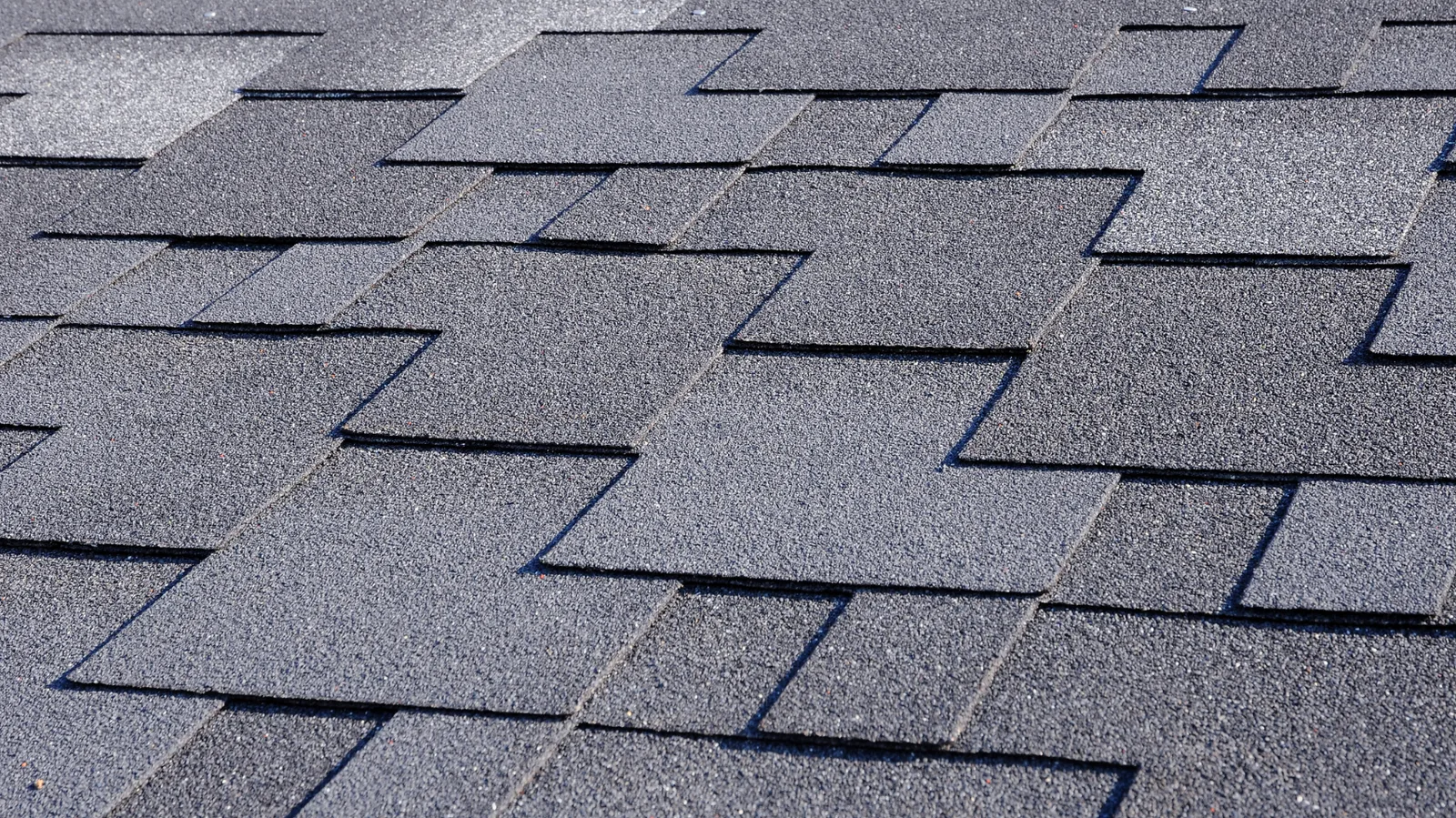 Sunlit close-up of layered gray asphalt shingle tabs