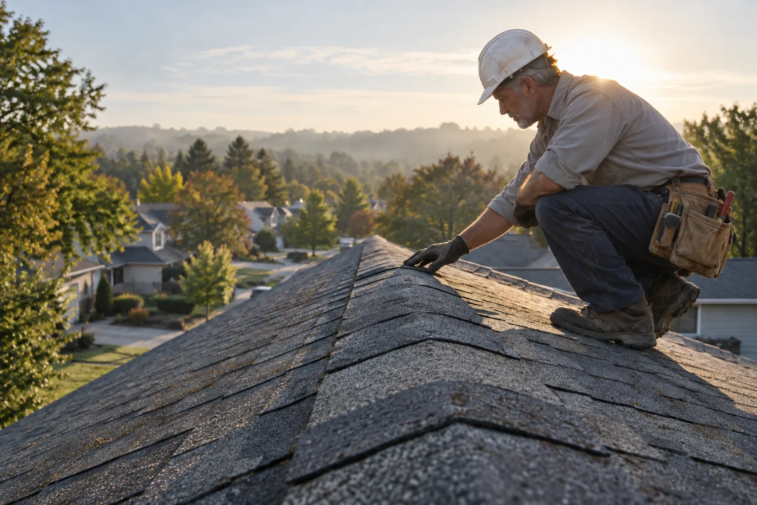 Illustration of a backlit roofer checking ridge cap shingles on an existing roof